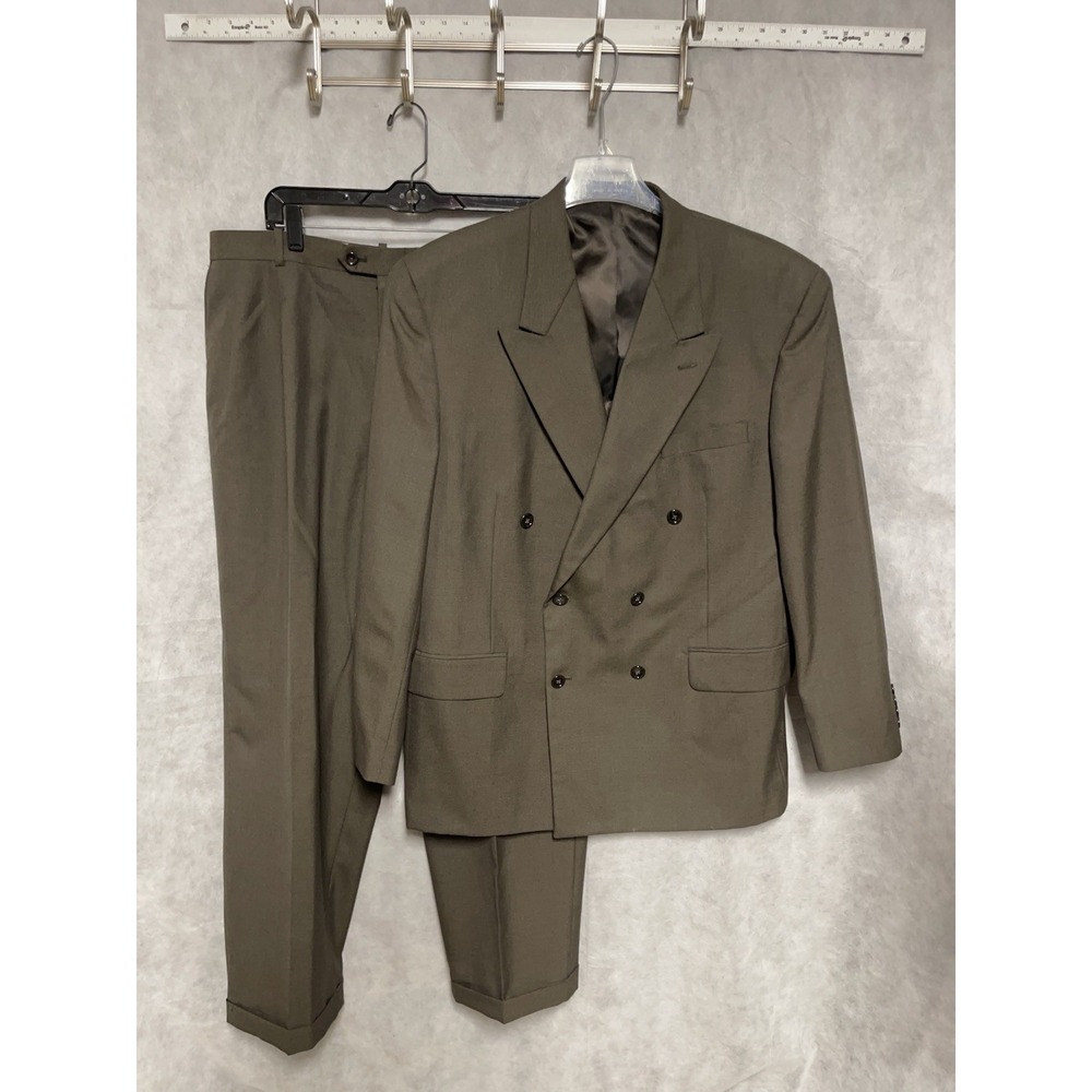 Gerald Austin Suit Men 44R Olive Brown Double Breasted Flannel Wool B 36X30 Luxe